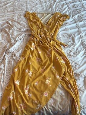 Ava & Viv Mustard Floral Wrap Midi Dress